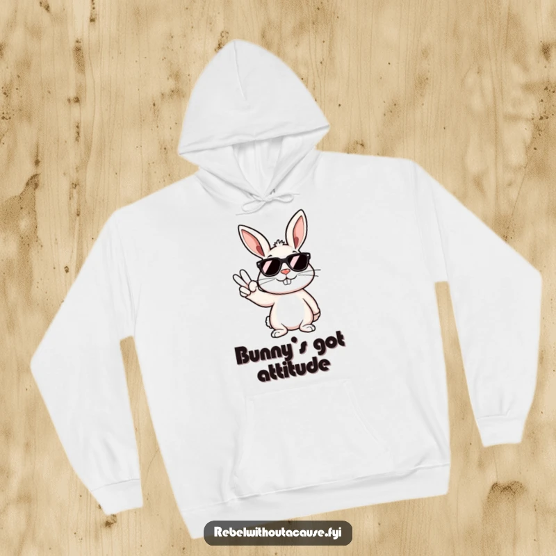 Funny rebellious bunny in dark sunglasses, smirking and throwing a peace sign, featured on a comfortable graphic hoodie.