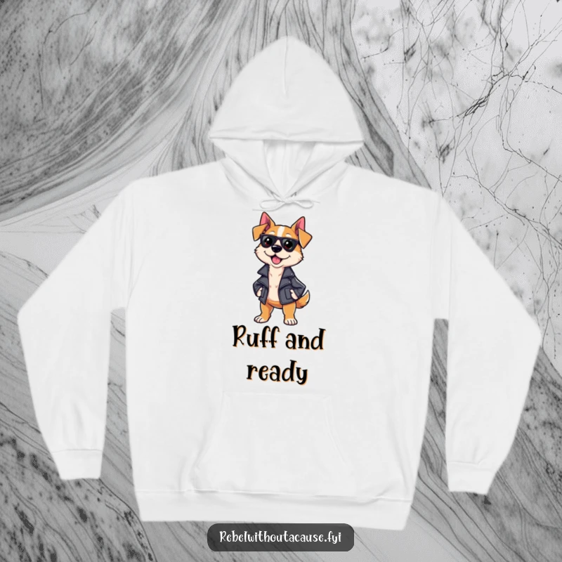 Funny Sassy Dog Hoodie showcasing a stylish dog in a leather jacket, strutting with confidence, designed for ultimate warmth and humor.