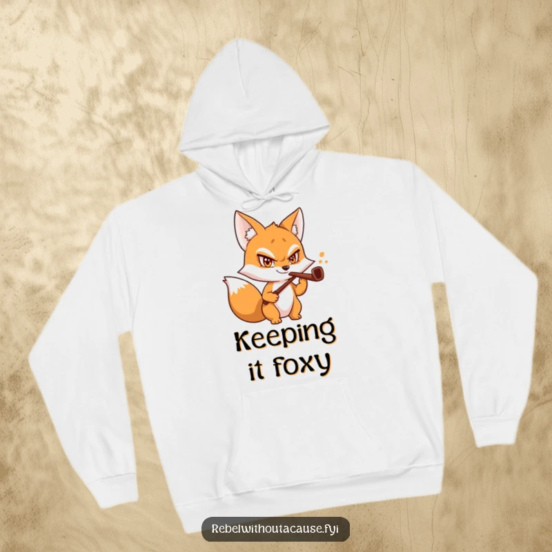Funny Fox Butler Hoodie depicting a sly fox with a daring grin and a bent pipe, offering cozy humor and style.