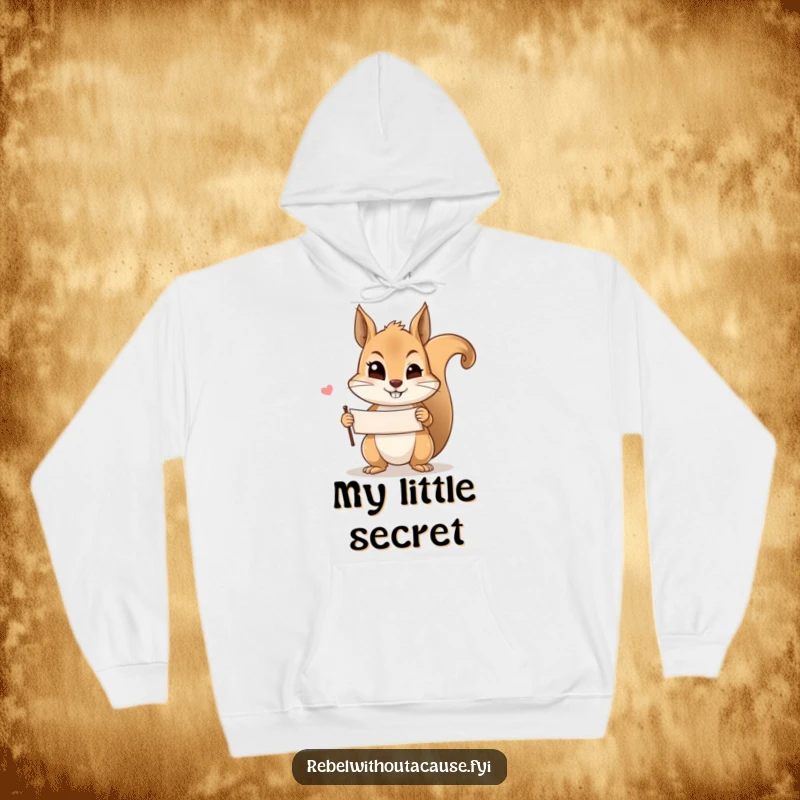 Funny mischievous squirrel hoodie showing a squirrel winking and holding a banner, perfect for cozying up with a hint of playfulness.