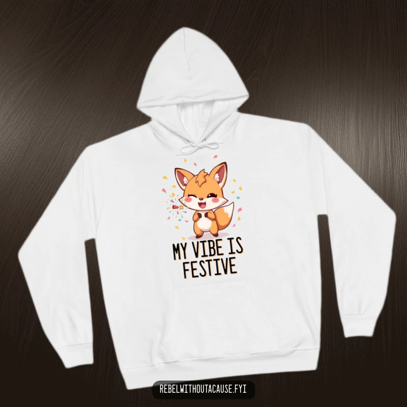 Cozy up in this funny fox hoodie, featuring a winking fox tossing confetti, perfect for festive gatherings.