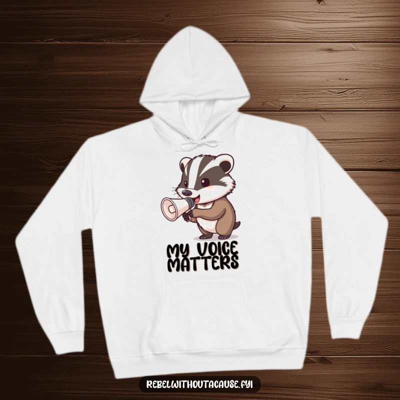 Funny determined badger hoodie showing a badger with a megaphone, ready to shout, perfect for staying warm while making a statement.
