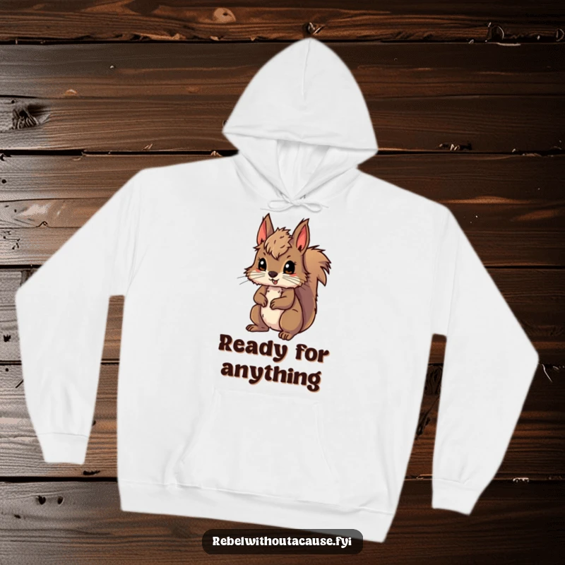 Funny hoodie featuring a wild squirrel with messy fur, ready for adventure, perfect for staying warm on expeditions, a great funny gift.