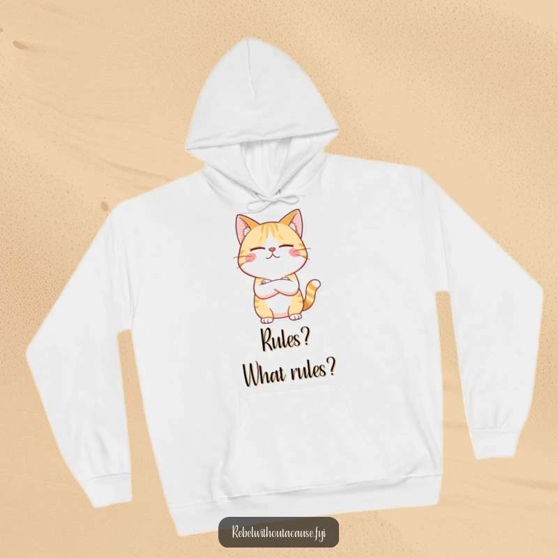 Funny hoodie of a giggling cat character arms crossed, looking unimpressed, exuding a cool and defiant vibe.