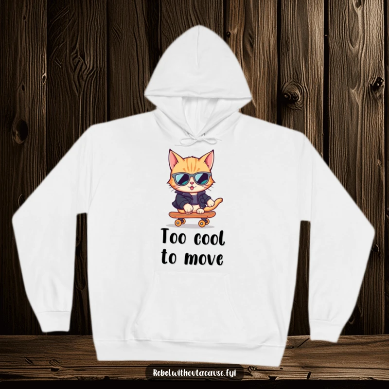 Funny Cat Skater Hoodie featuring a cool cat in sunglasses and a leather jacket on a skateboard, ready for adventure.