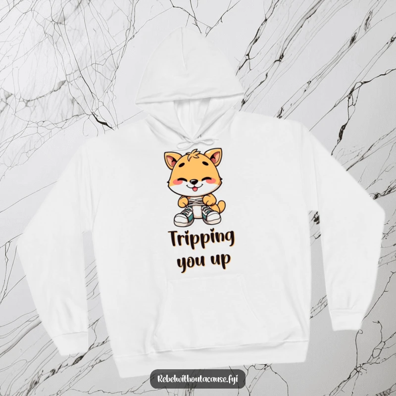Funny Hoodie: Playful Animal with Mischievous Grin, Tying Shoelaces Together, Cozy and Humorous Design.