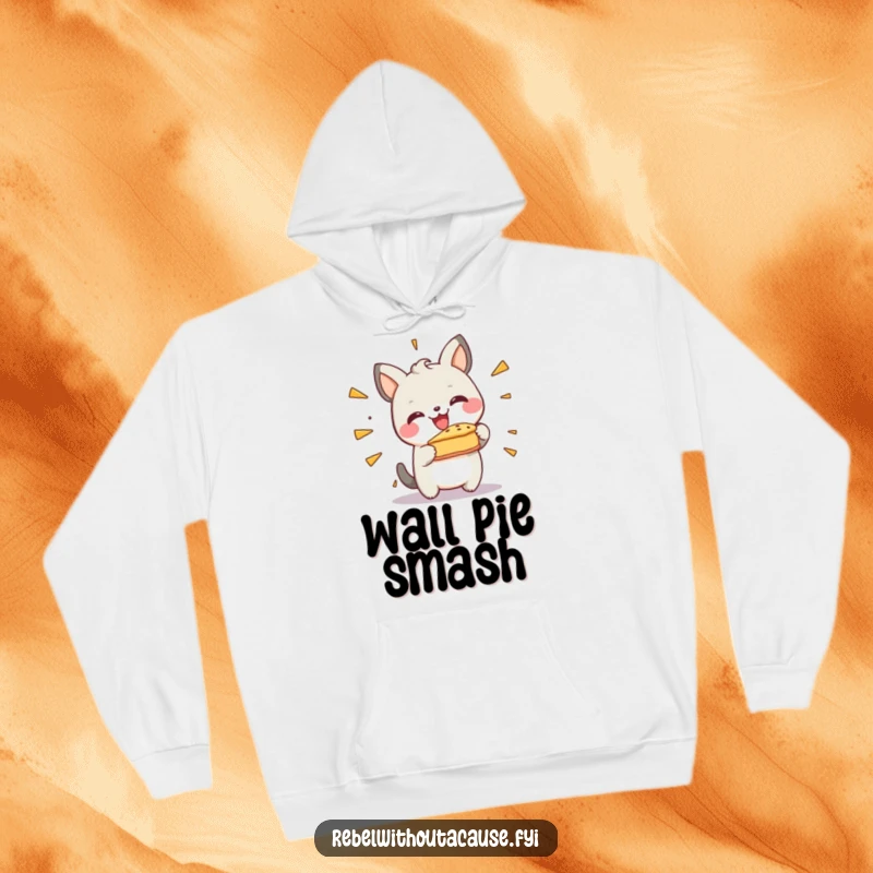 Funny Hoodie: Happy Animal Character Cheerfully Smashing a Pie Against a Wall, Cozy and Humorous Design.