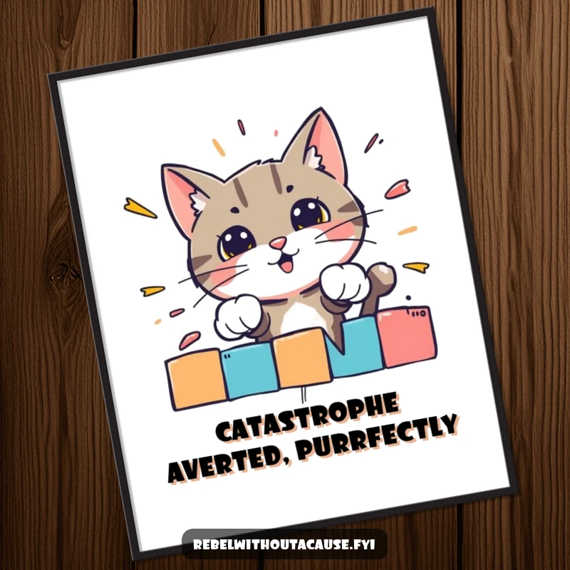 Funny free printable wall art: A bold cat character enthusiastically crashes through a brightly colored striped barrier.