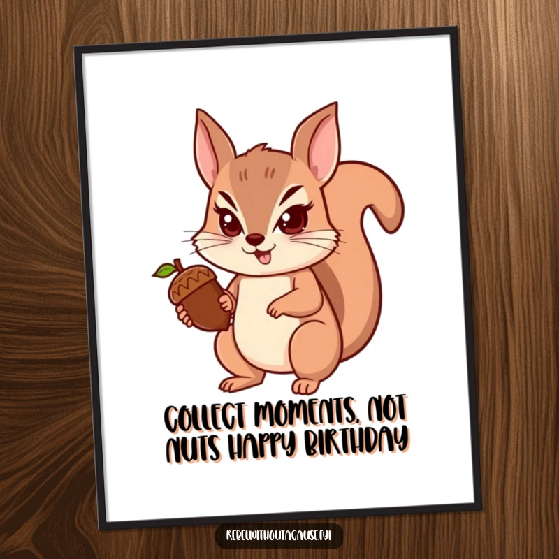 Funny Free Printable Wall Art: Spunky squirrel with a determined look, defiantly holding a single acorn.