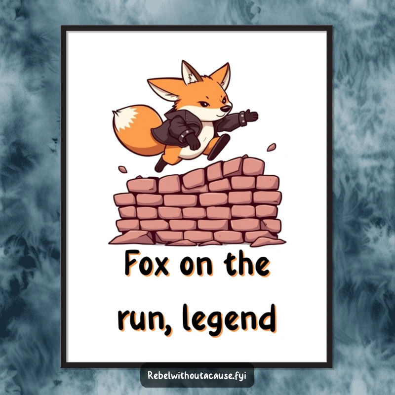 Funny free printable wall art: A fearless fox in a leather jacket leaping dramatically over a brick wall.