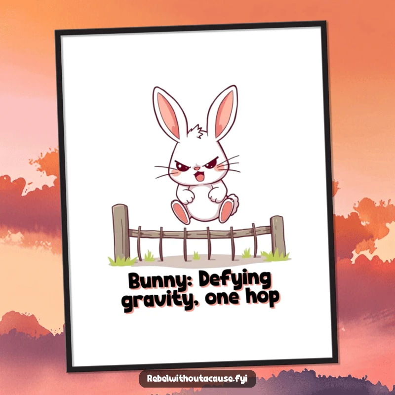 Funny Free Printable Wall Art: a rebellious bunny with a determined expression jumping over a fence, motivational art.