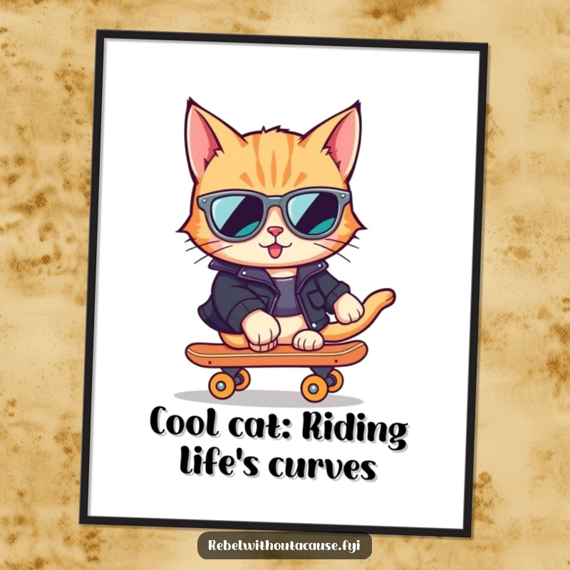 Funny Free Printable Wall Art: a cool cat in sunglasses and leather jacket riding a skateboard, Urban edgy decor.