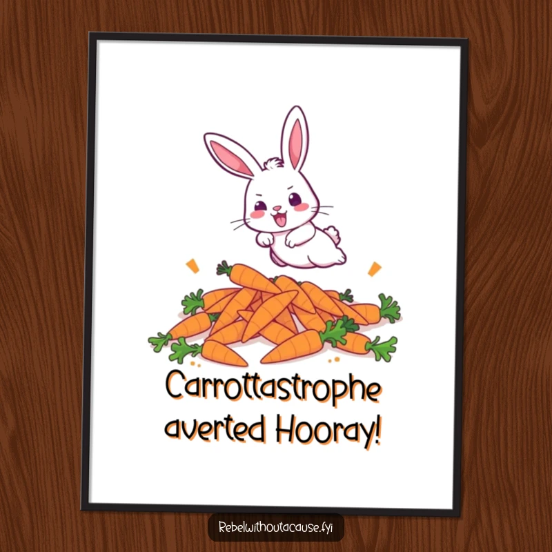 Funny Free Printable Wall Art: A bold bunny is captured mid-air, aggressively hopping over a pile of leftover carrots.