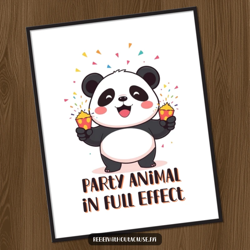 Funny Free Printable wall art of a mischievous panda character juggling three exploding confetti poppers with a chaotic grin.