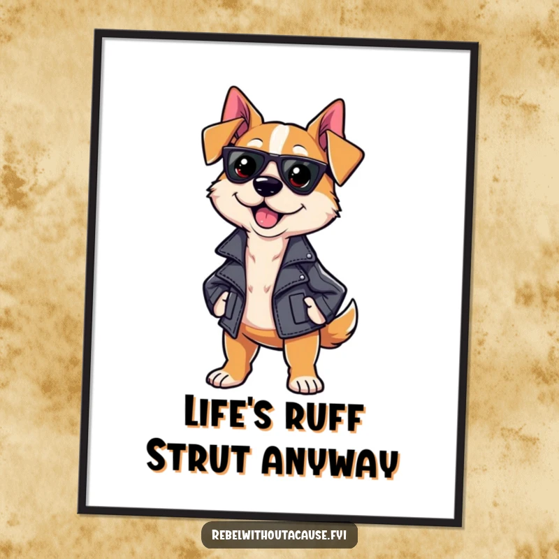 Free printable wall art of a sassy dog wearing a leather jacket and strutting confidently, adding cool vibes to any room.