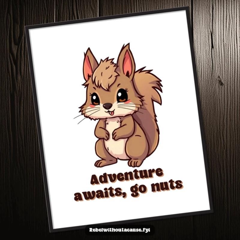 Funny Free Printable Wall Art featuring a wild squirrel with messy fur, looking energetic and ready for an exciting adventure.