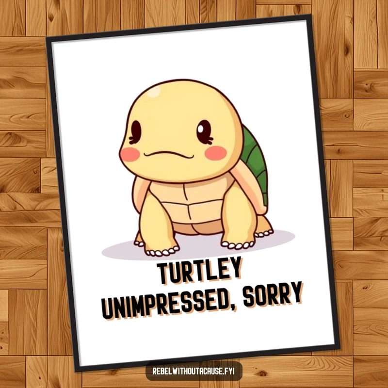 Funny Free Printable Wall Art: Kawaii turtle slowly shaking its head in disapproval, perfect for humorous downloadable decor.