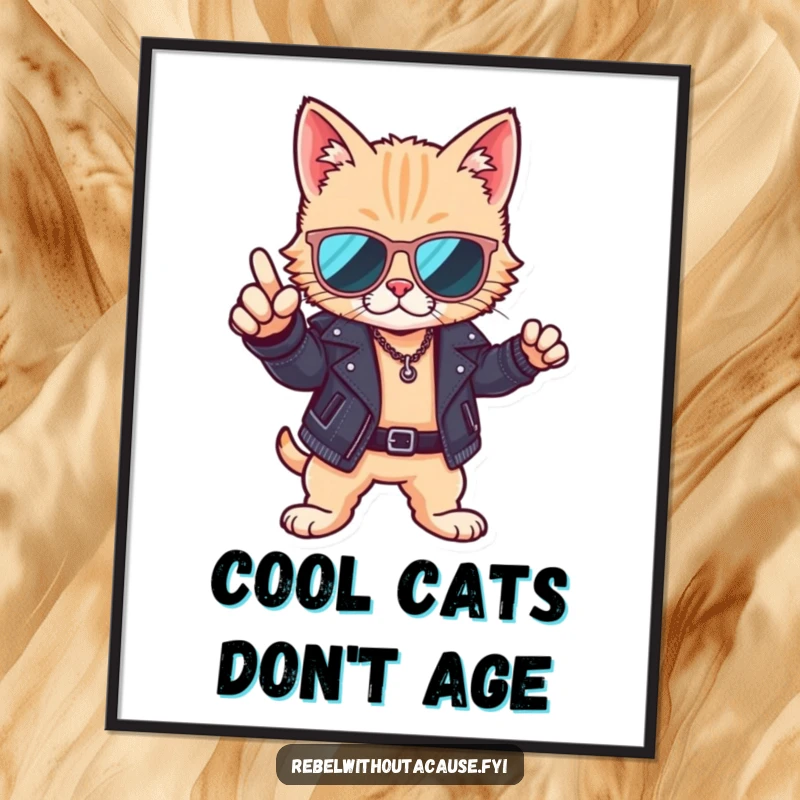 Funny Free Printable Wall Art: Cool cat in sunglasses and leather jacket, striking a suave pose, adding humor.
