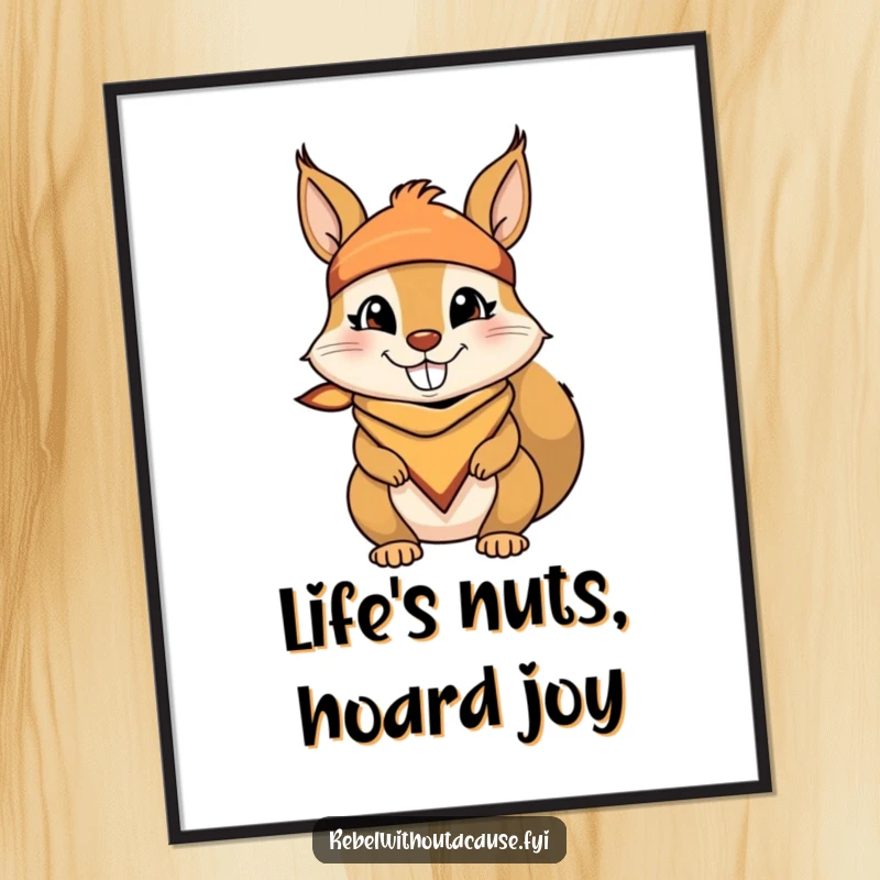 Funny Free Printable Wall Art: Mischievous squirrel with bandana and cheeky grin, looking playful and fun.