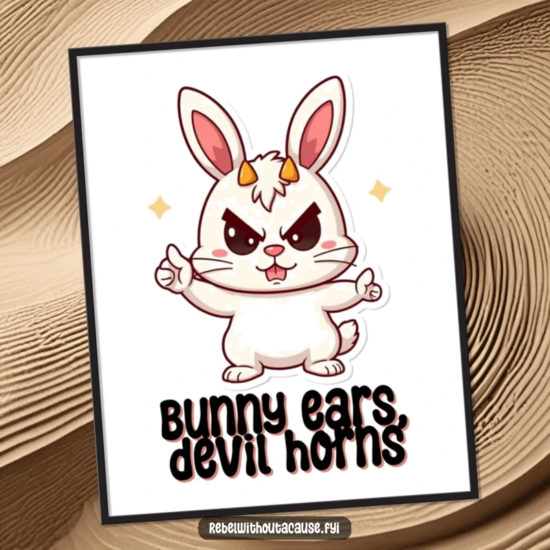 Funny Free Printable Wall Art: A rebellious bunny character with a playful sneer, giving a devil-horn gesture.