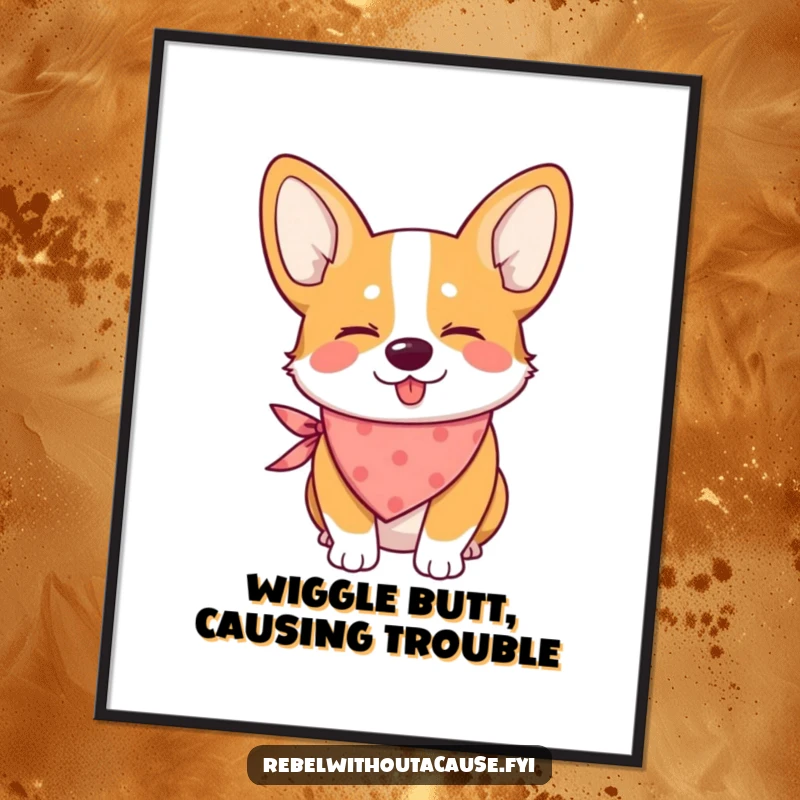 Funny free printable wall art: A mischievous corgi with a bandana tied around its neck winks slyly.