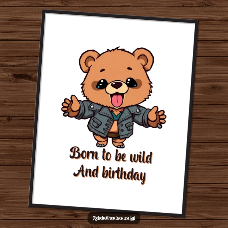 Funny Free Printable Wall Art: Bear cub in ripped leather jacket, tongue out, exuding cool rebellion.