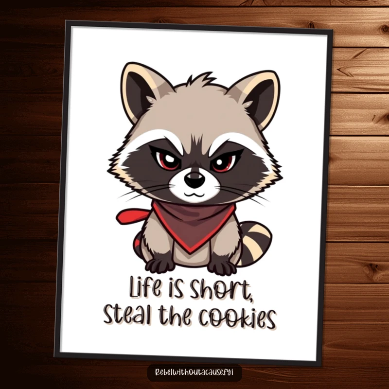 Funny Free Printable Wall Art: Mischievous raccoon wearing a bandana, sporting a sly, knowing wink.