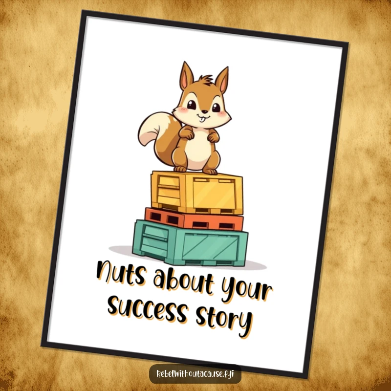 Funny Free Printable Wall Art: A fearless squirrel character standing proudly atop a stack of overturned crates, looking victorious.