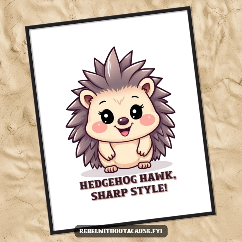 Funny Free Printable Wall Art: A happy hedgehog character proudly sports a tiny mohawk with a mischievous grin.