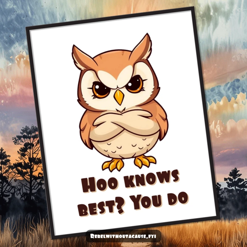 Free Printable Wall Art: A bold owl with a stern, cool expression and arms crossed, exuding an air of disapproval and humor.