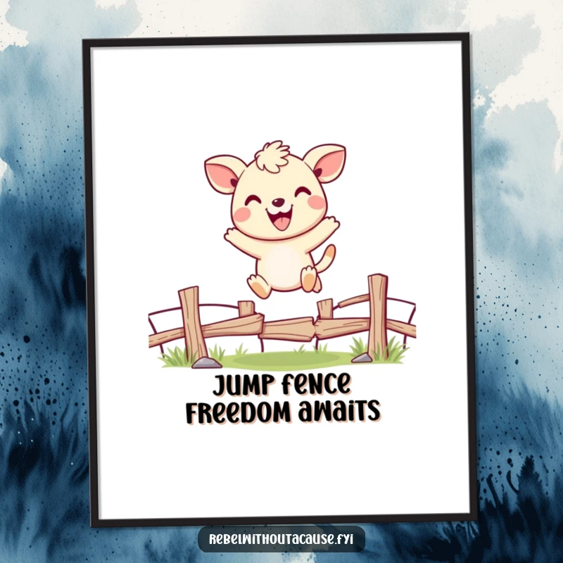 Funny Free Printable Wall Art of a cheerful animal character joyfully jumping over a broken fence with a wide, infectious smile.