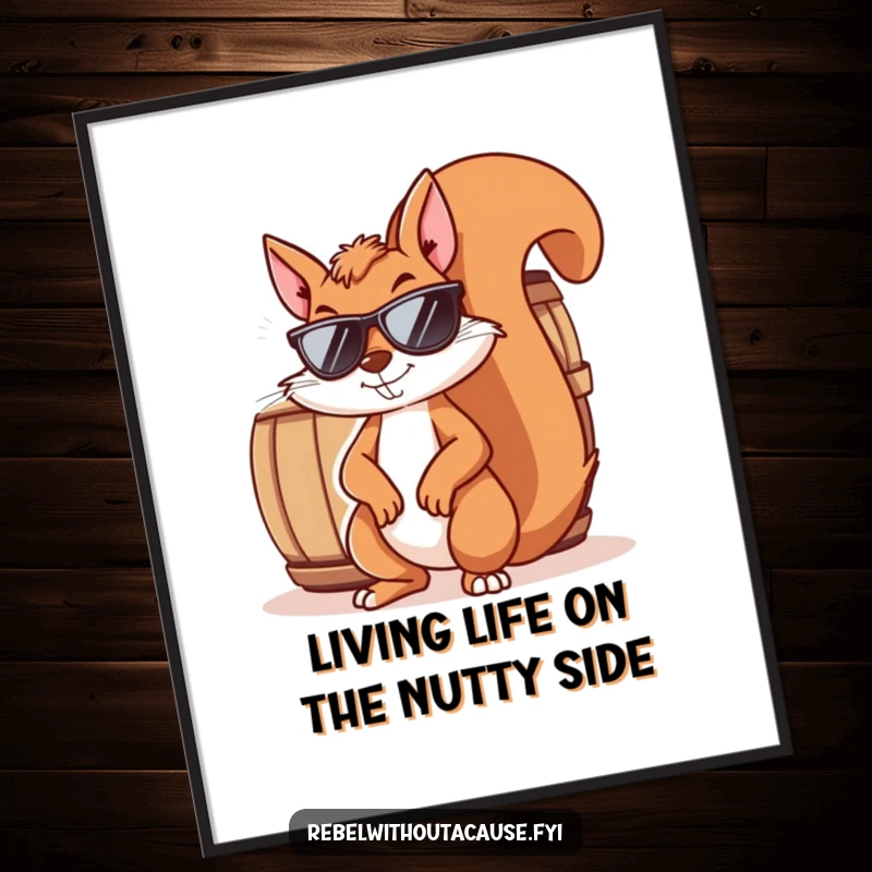 Funny Free Printable Wall Art: Mischievous squirrel in sunglasses, smirking, leaning against a barrel, adding cool vibes.
