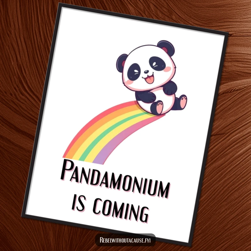 Funny Free Printable Wall Art: Playful panda with a mischievous grin slides down a rainbow, bringing colorful fun.