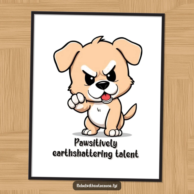 Funny free printable wall art: A defiant puppy character stomps its foot, making a small tremor.