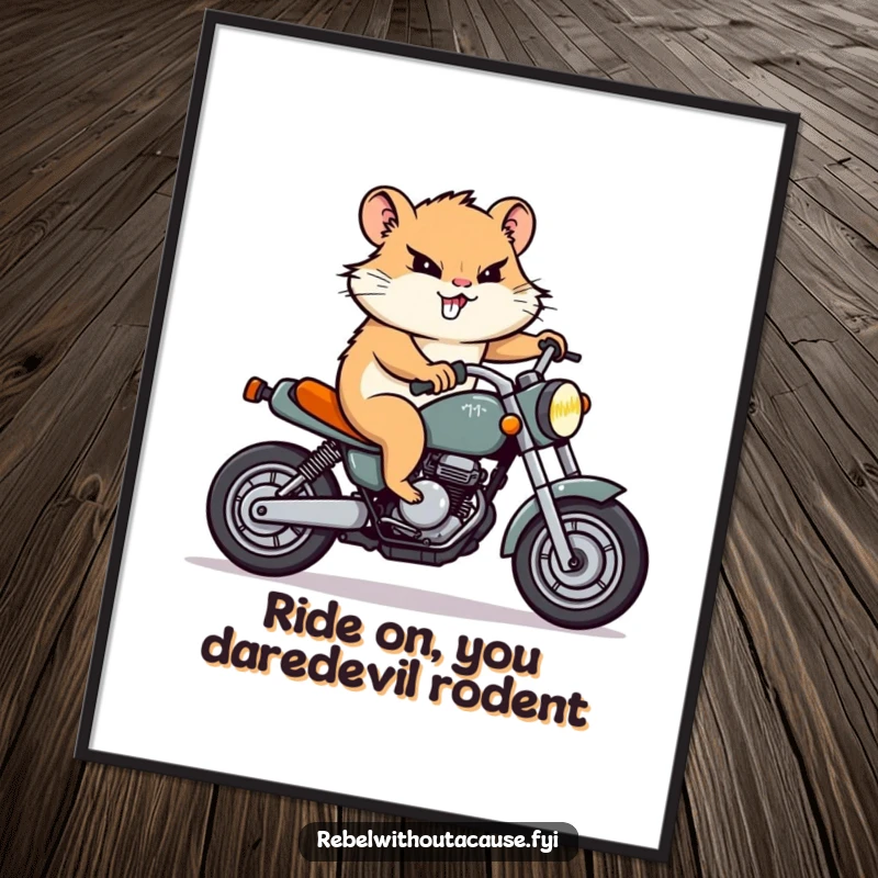 Funny Free Printable Wall Art: A determined hamster character expertly riding a tiny motorcycle with a focused, confident grin.