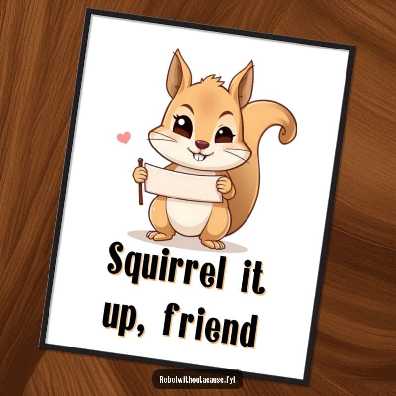 Funny Free Printable Squirrel Wall Art: A mischievous squirrel with a knowing wink holds a small banner, adding charm.