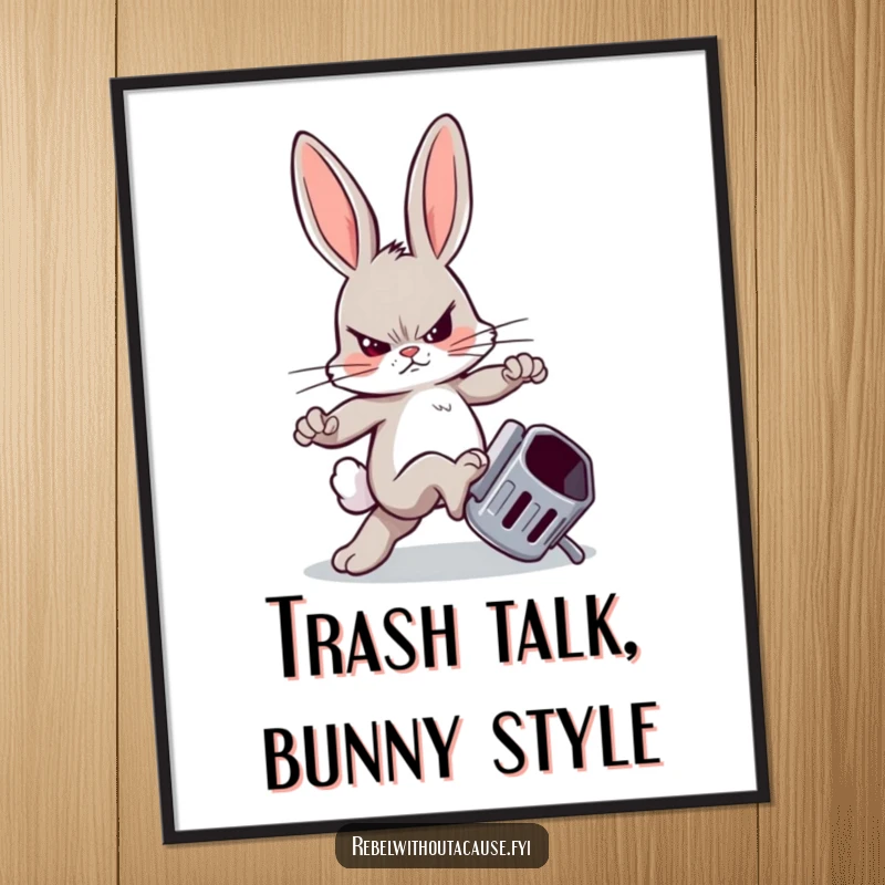 Funny Free Printable Wall Art: Rebellious bunny with a sneer kicking an overturned trash can. Edgy downloadable art.