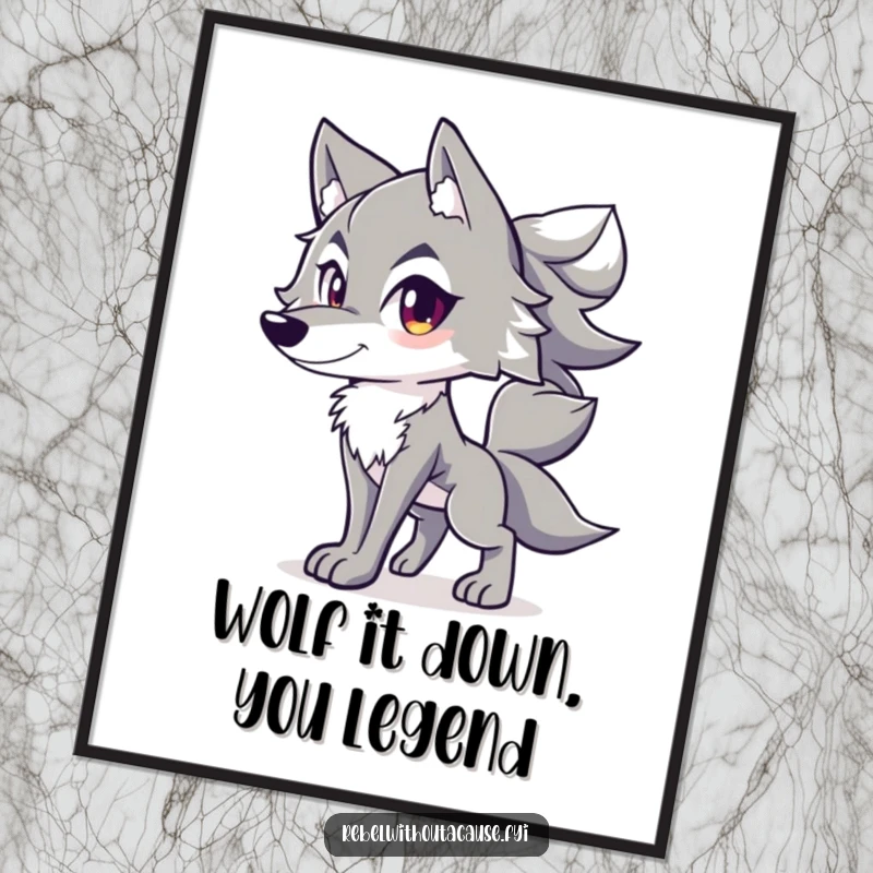 Free Printable Wall Art: A spirited wolf with a confident stance and tail held high, embodying wild freedom and humor.