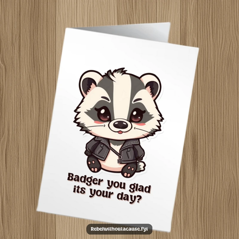 Funny Free Printable Birthday Card: Smirking badger in leather jacket, slicked hair, exuding cool confidence for a birthday bash.