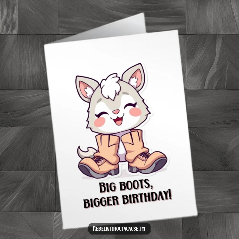 Funny Free Printable Birthday Card: Delighted animal with a smirk, wearing oversized, tattered boots, looking proud.