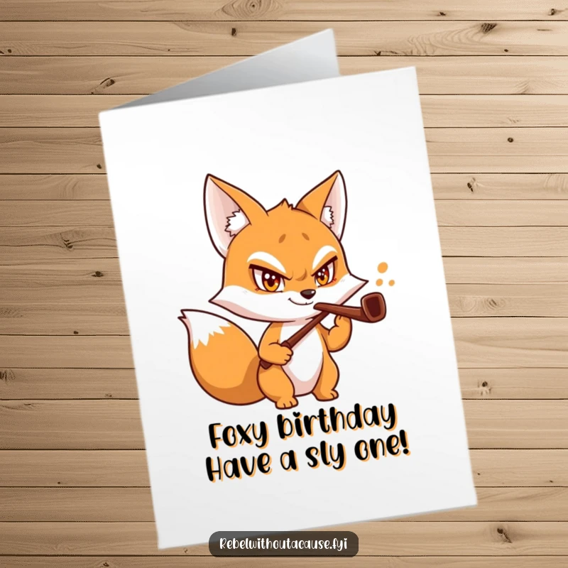 Funny free printable birthday card featuring a mischievous fox with a daring grin and a bent pipe, ready to celebrate.