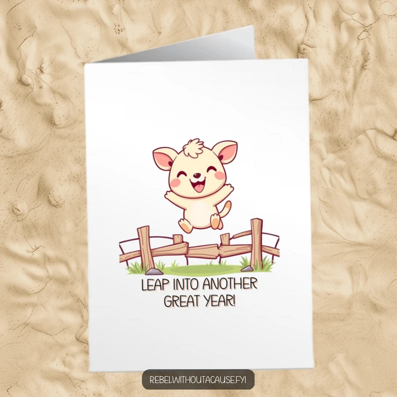Funny Free Printable Birthday Card: Cheerful animal gleefully jumping over a broken fence with a huge, contagious smile.