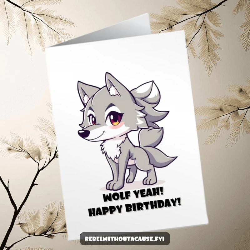 Funny Free Printable Birthday Card: A spirited wolf stands confidently, tail high, ready to celebrate with a howl.
