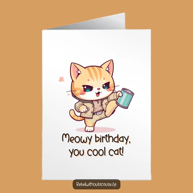 Free Printable Birthday Card: Punk Cat Kicking Can, Edgy Downloadable Gift for Rebels