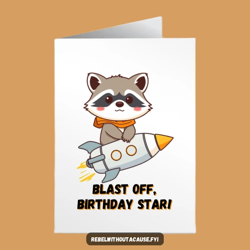 Free Printable Birthday Card: Raccoon Rocket Ride - Blast Off Laughs!