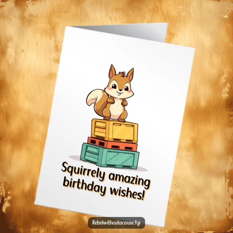 Funny Free Printable Birthday Card: Fearless squirrel character standing proudly on a stack of overturned crates, celebrating a big day.
