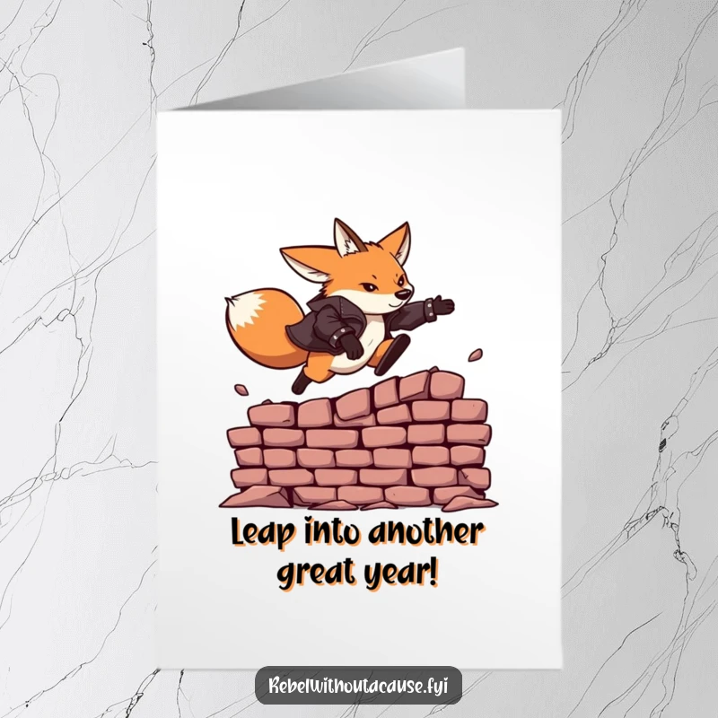 Funny free printable birthday card: A fearless fox in a leather jacket mid-air leaping over a brick wall.