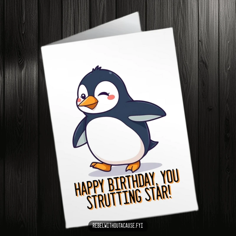 Funny Free Printable Penguin Birthday Card: A determined penguin does a smooth, sassy strut.