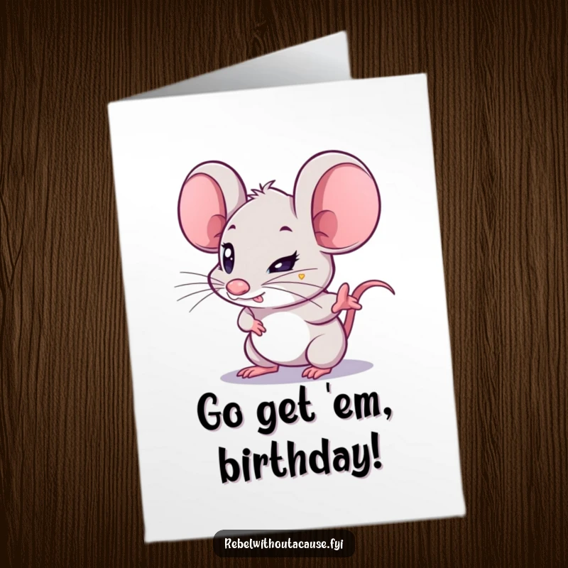 Funny Free Printable Birthday Card: Determined kawaii mouse pointing forward, great for a downloadable, motivational birthday wish.