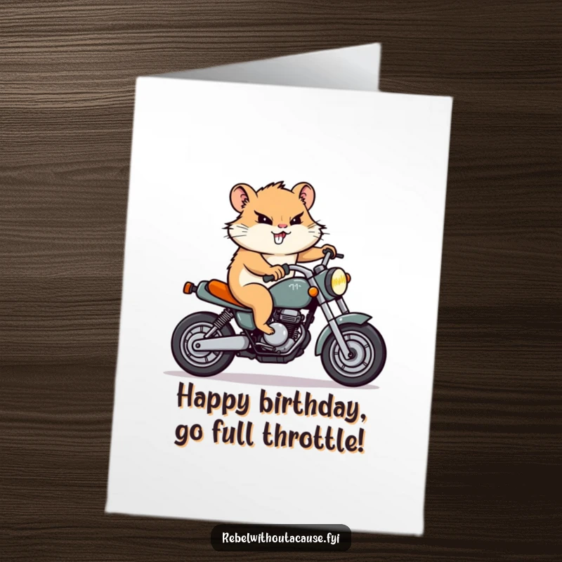 Funny Free Printable Birthday Card: A determined hamster character revving a tiny motorcycle with a focused, excited grin.